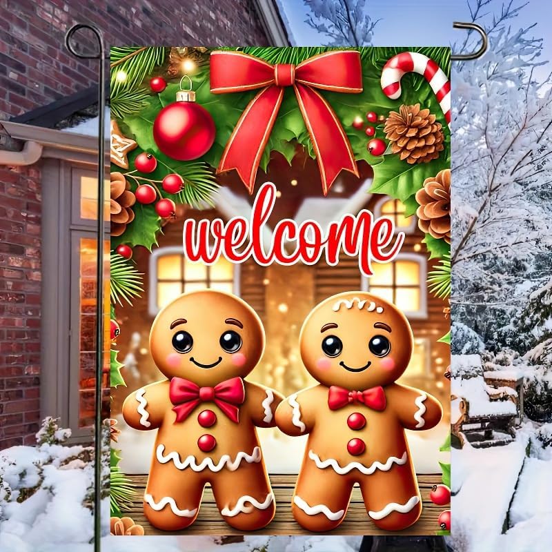BlissYard Gingerbread Christmas Garden Flag 12x18 Inch Double Sided Holiday Gingerbread Couple Welcome Yard Flag Festive Scene Small Outdoor Garden Banner for Porch Lawn Patio Christmas Decor - Image 1